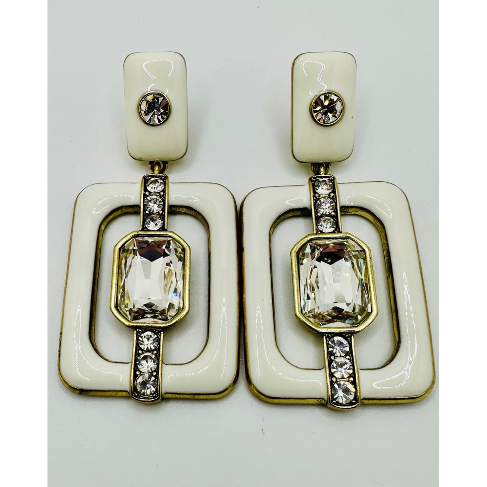 Heidi Daus Art Deco Cream Enamel Crystal Drop Earrings Gold Tone Omega Back